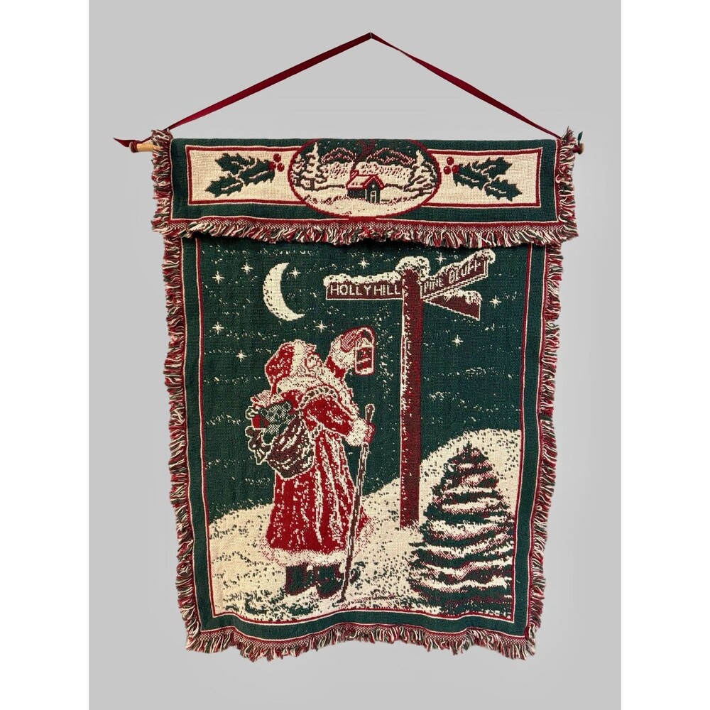 Vintage Olde World Santa Christmas Wall Hanging Tapestry Holly Hill 1992 30x23